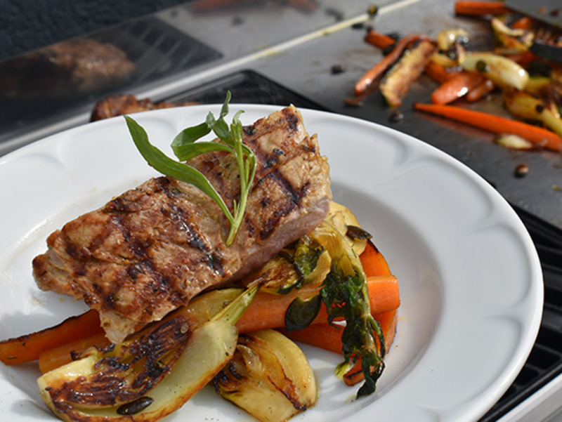 Filet mignon mariné et légumes confits